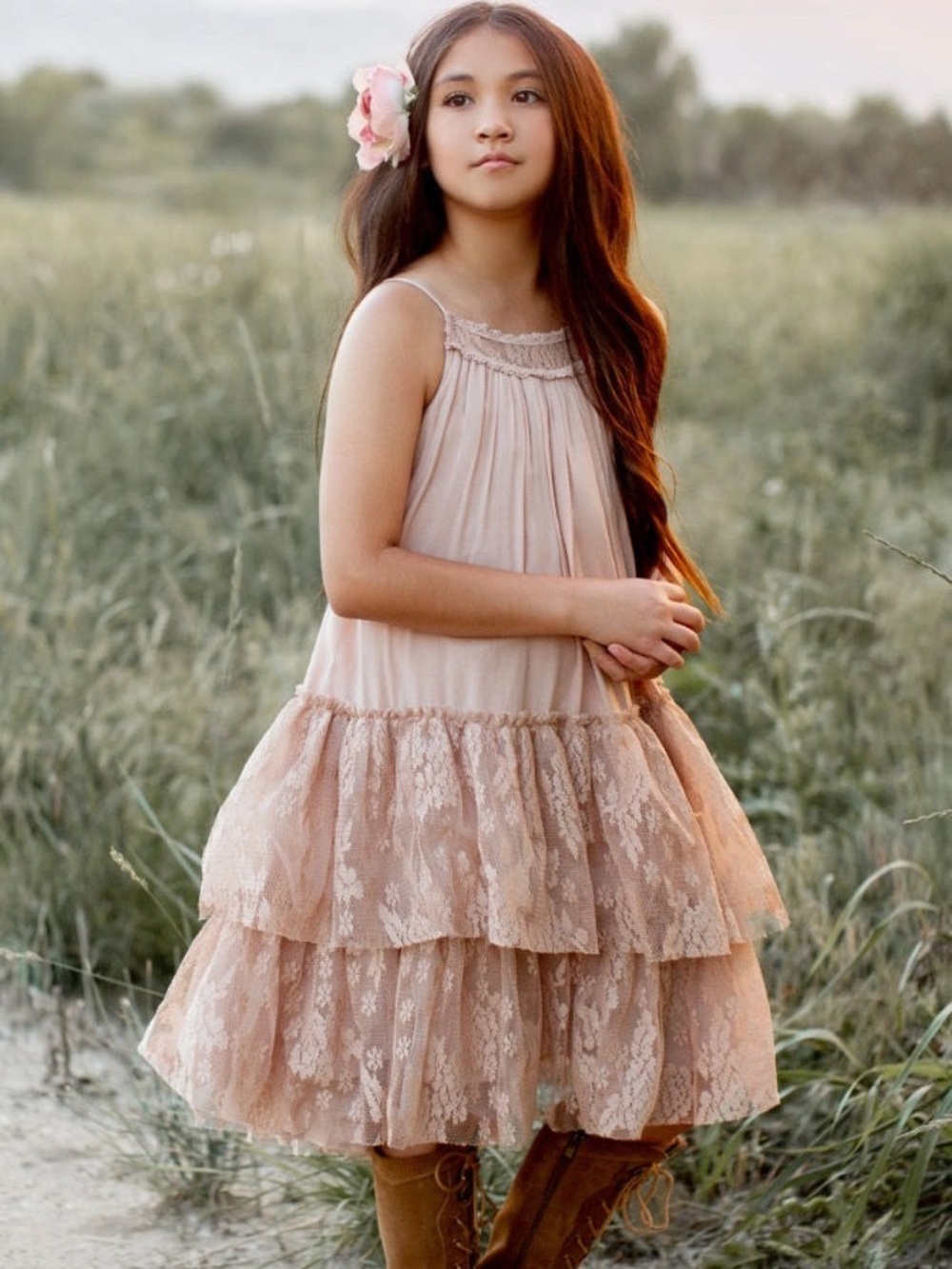 Joyfolie Catrina Desert Shell Tiered Lace Hi-Low Boho Dress Girls NWT 8